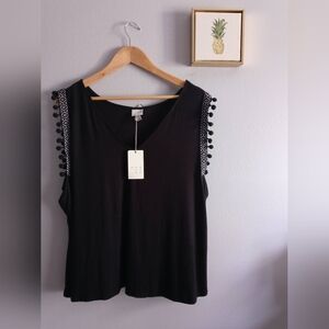 A new day Black Tank Top with  Pom Accents Comfortable New